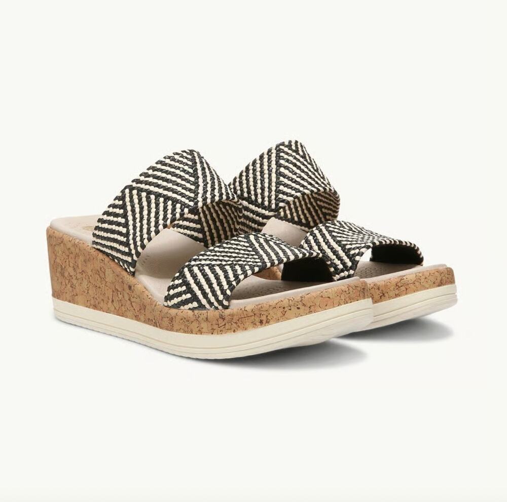 New Bzees For Lifestride Resort Raffia Wedge Sandals Womens Size 9 W Black Multi